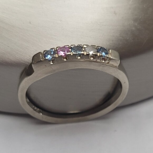 14k Topaz Wedding Band White Gold 5 Stone MultiColor Anniversary or Mothers Ring - Picture 8 of 14
